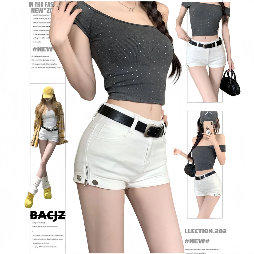 辣妹白色侧边拉链紧身牛仔短裤女2025夏季新款弹力修身显瘦热裤子