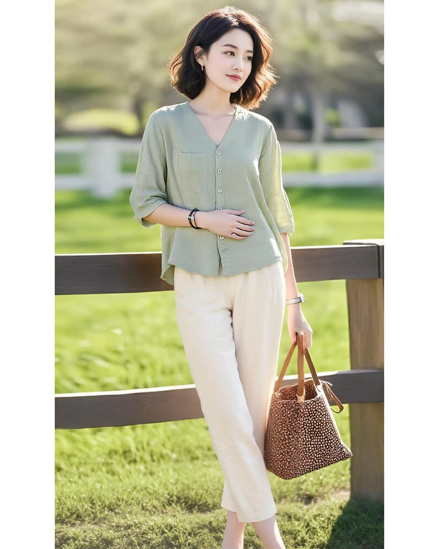 爆款2025夏季新款百搭V领衬衫遮肉显瘦遮肚子五分袖衬衣上衣女