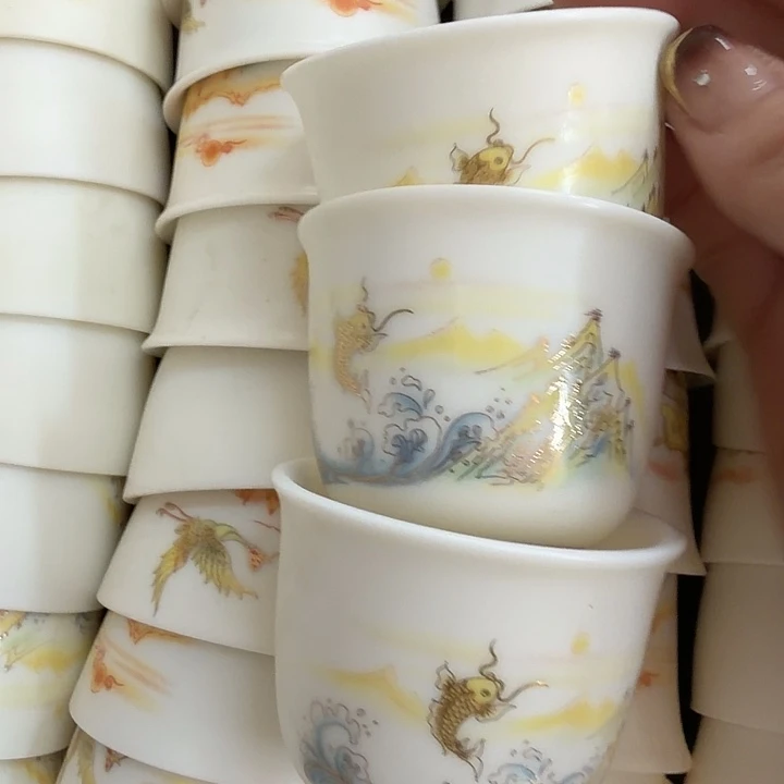 高端素烧羊脂玉茶杯三个一组鱼跃龙门55cc