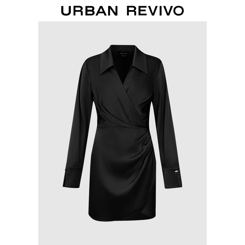 【HOT】UR2025秋季新款女装摩登都市褶皱收腰连衣裙UWM750090