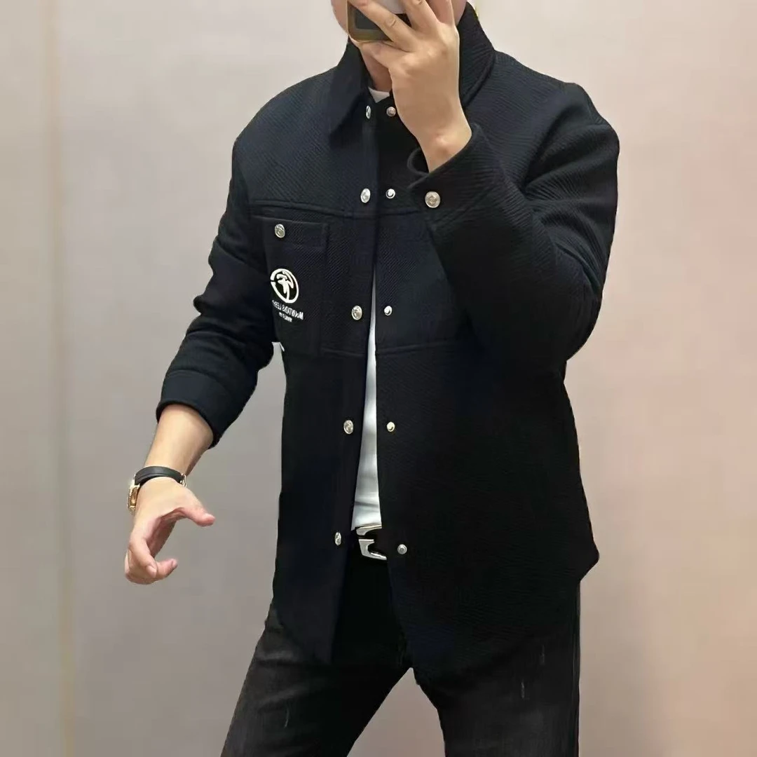 新款高端时尚男士休闲百搭拼接几何图案翻领夹克89112