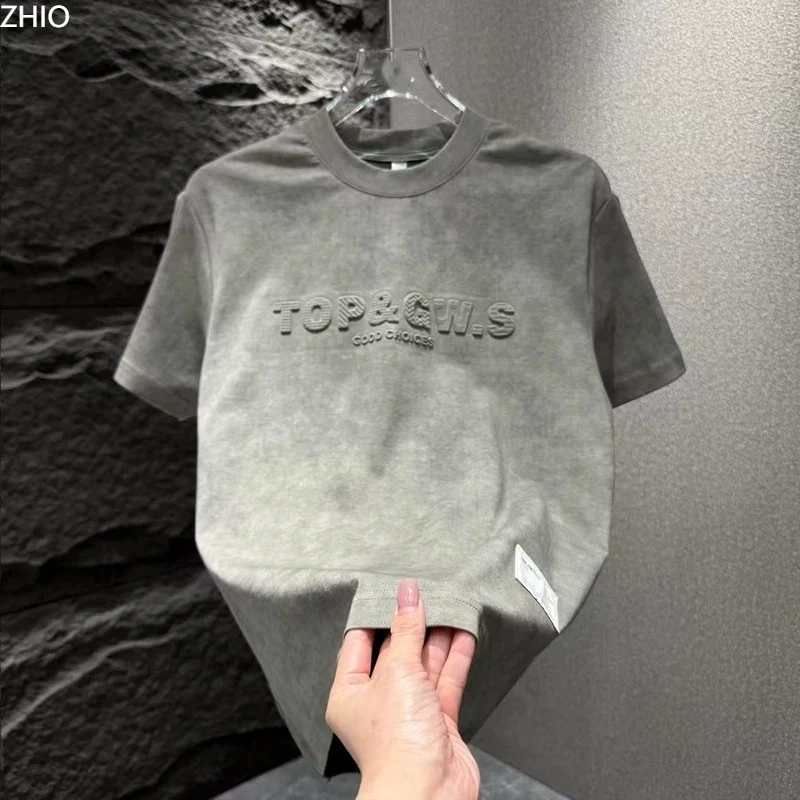 ZHIO夏季新款设计感短袖T恤男冰丝轻奢扎染爆款凹凸钢印体恤半袖