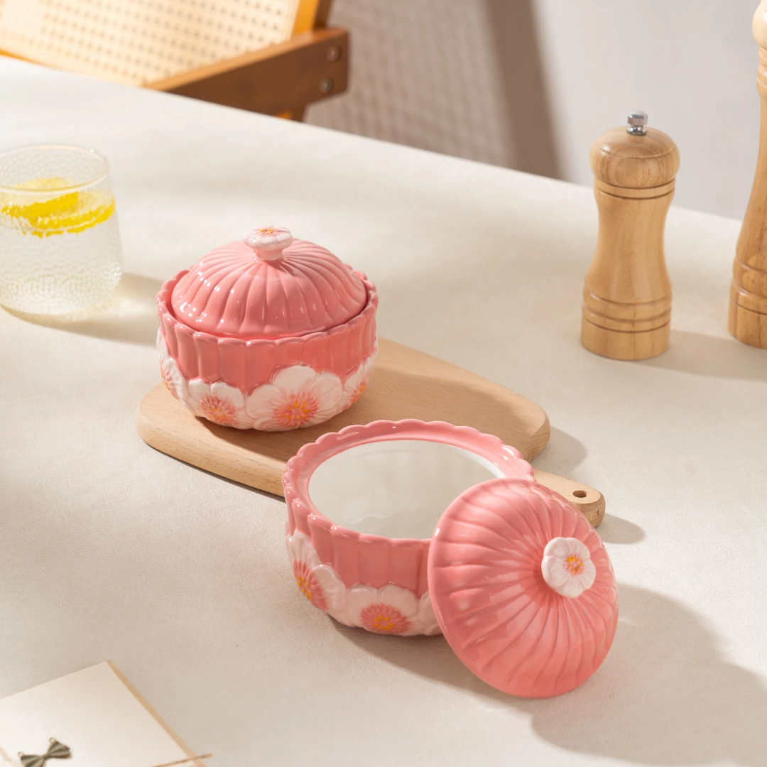 【100%手绘】浮雕桃粉佳人-4.5英寸带盖炖盅2个装