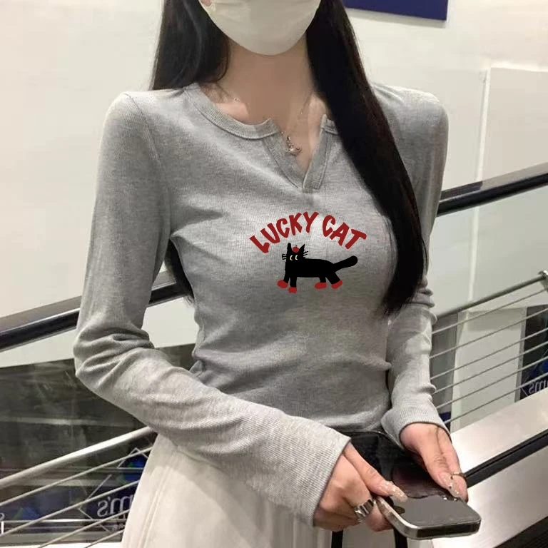 早秋季2025正肩修身内搭打底衫上衣灰色小V领印花长袖T恤女
