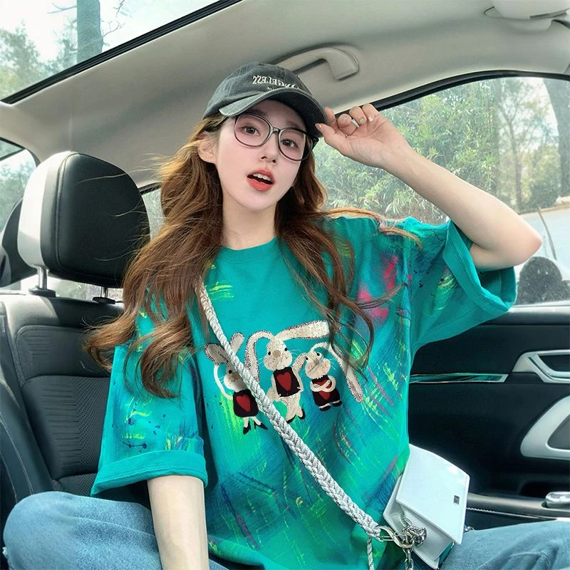 SM潮流秋季新款棉质后包领宽松慵懒短袖t恤女甜美多巴胺服装女