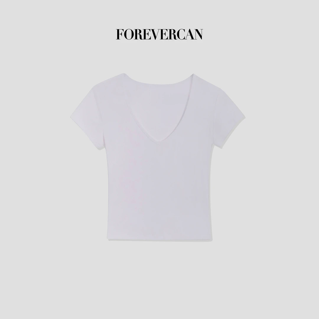 FOREVERCAN“氧气T”高弹通勤极简纯色鸡心领设计短袖上衣ST21649