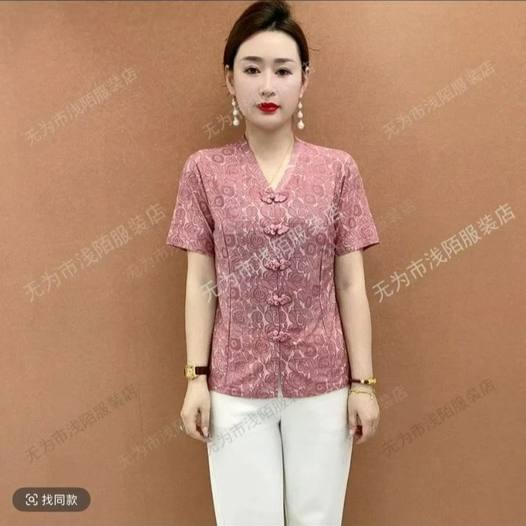 常规T恤常规款V领纽扣中老年女装百搭盘扣小衫服装
