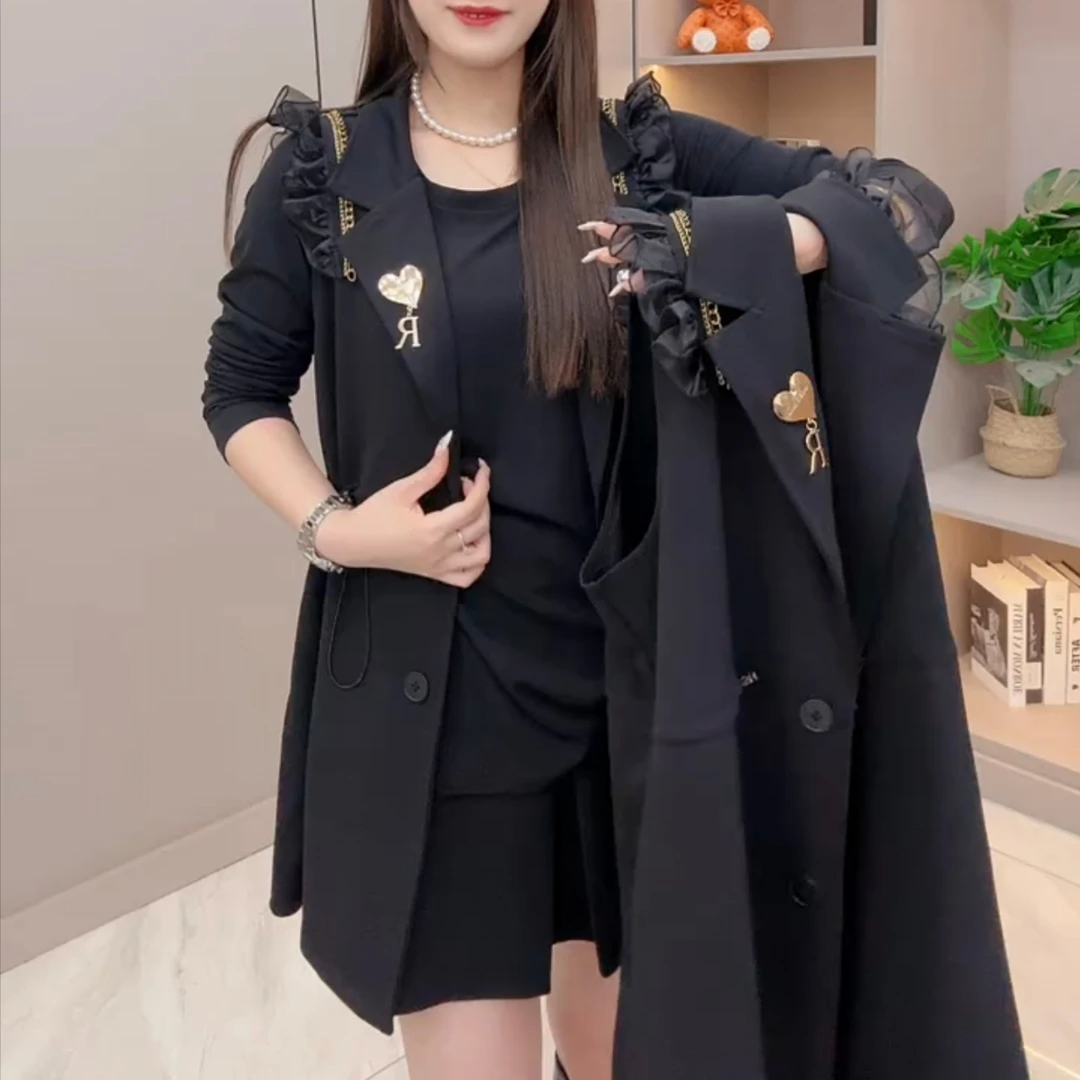 大码女装春秋款中长款纯色菲菲边收腰显瘦西装领马甲8081