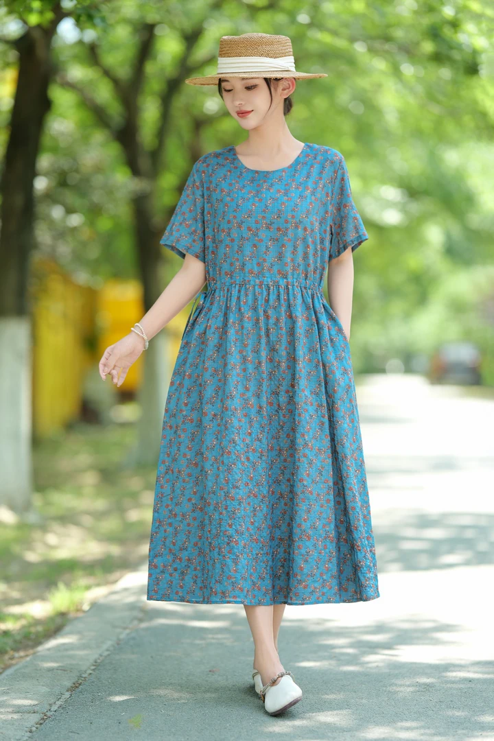 常规袖中国风连衣裙时尚夏季花色中老年系带中长款大码碎花显瘦