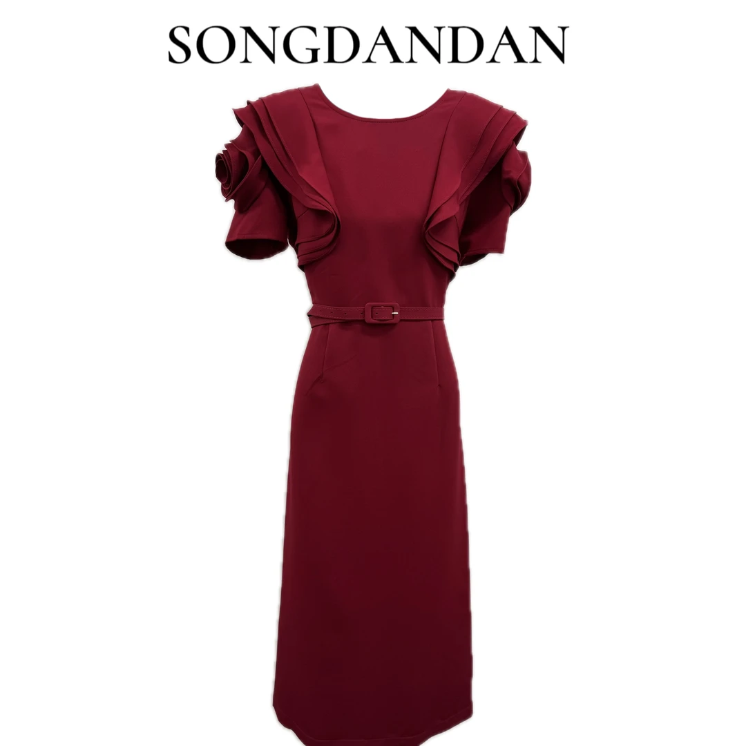 【DDS】圆领袖口玫瑰花高腰包臀腰带夏季连衣裙酒红色修身长裙裙子