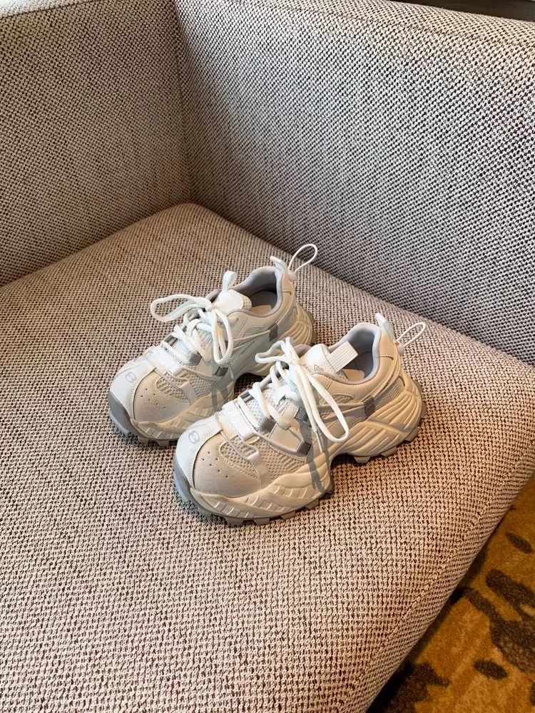 6CM增高~真皮厚底登山老爹鞋女夏季网面透气小白鞋轻便休闲运动鞋