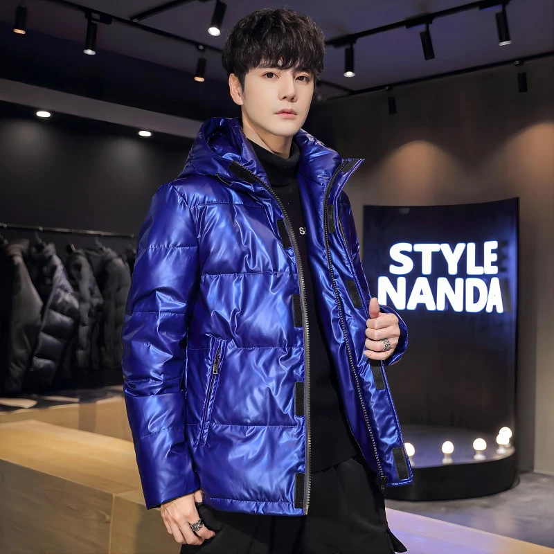 冬季男士羽绒服短款亮面青年连帽保暖外套情侣2013