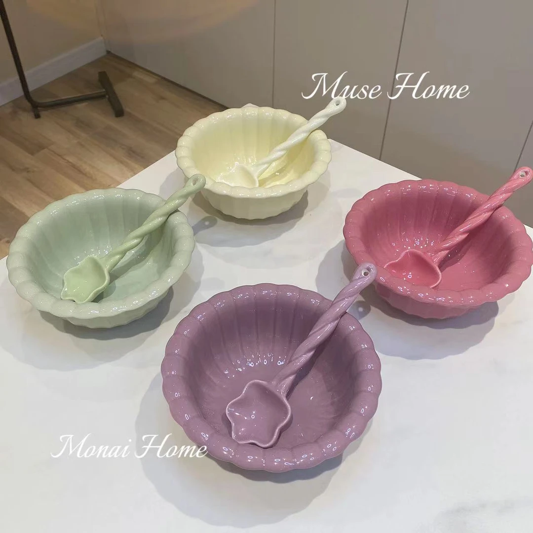 【云朵碗+麻花勺】陶瓷碗少女心小汤碗勺家用装汤碗学生可爱餐具