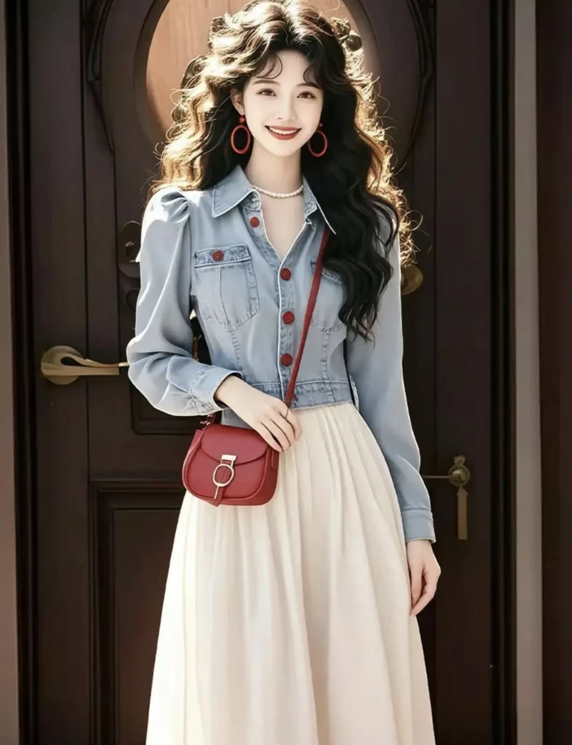 2025春秋季新款超火高级感短款牛仔上衣搭配半身裙气质两件套装女