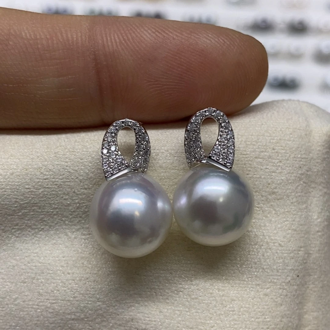 银S925镶嵌耳饰海水珍珠澳白耳式11-12m m