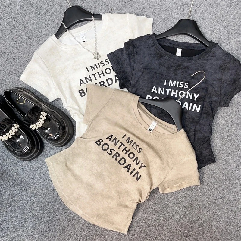 【复古扎染】字母印花短款上衣夏季新款纯欲风小个子女装短袖t恤衫