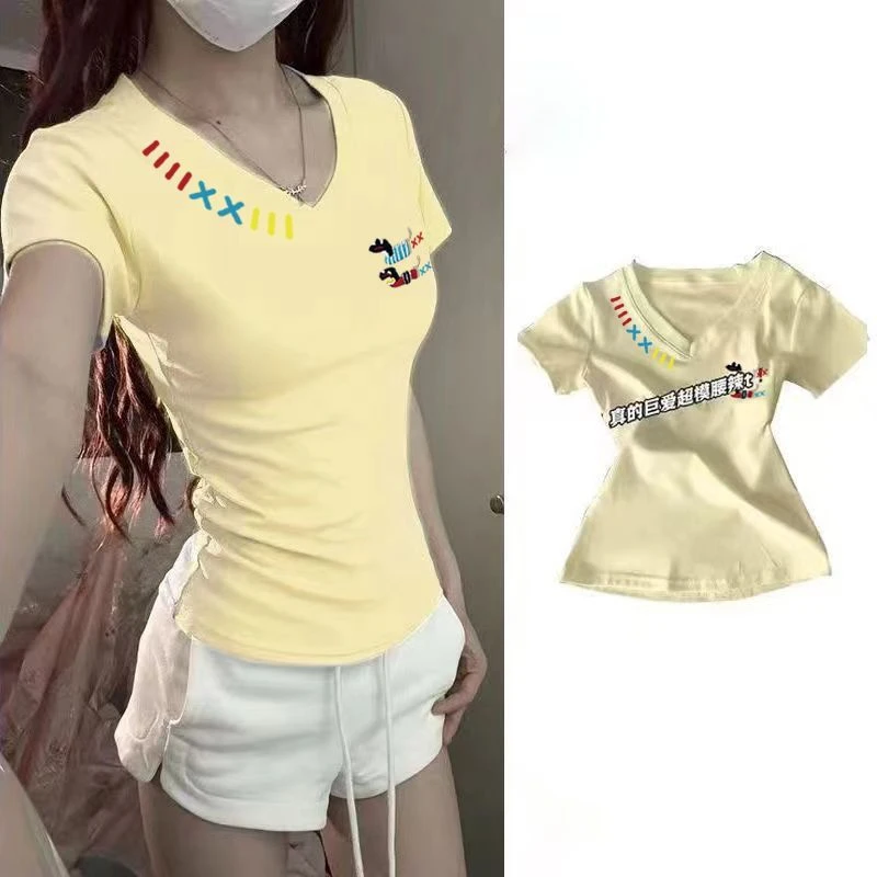 复古V领正肩短袖爆款夏季美式卡通T恤休闲通勤修身显瘦百搭上衣女