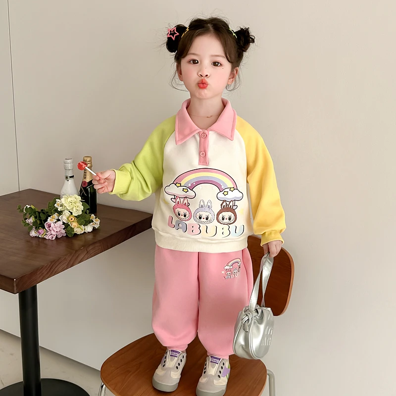 女童衣服秋季长袖polo领拼色卫衣运动套装2025新款小女孩春秋装潮