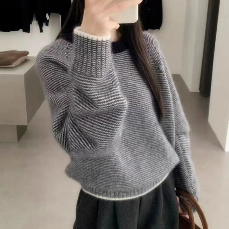 韩版撞色条纹宽松针织衫慵懒圆领套头毛衣秋冬季2025新款保暖上衣