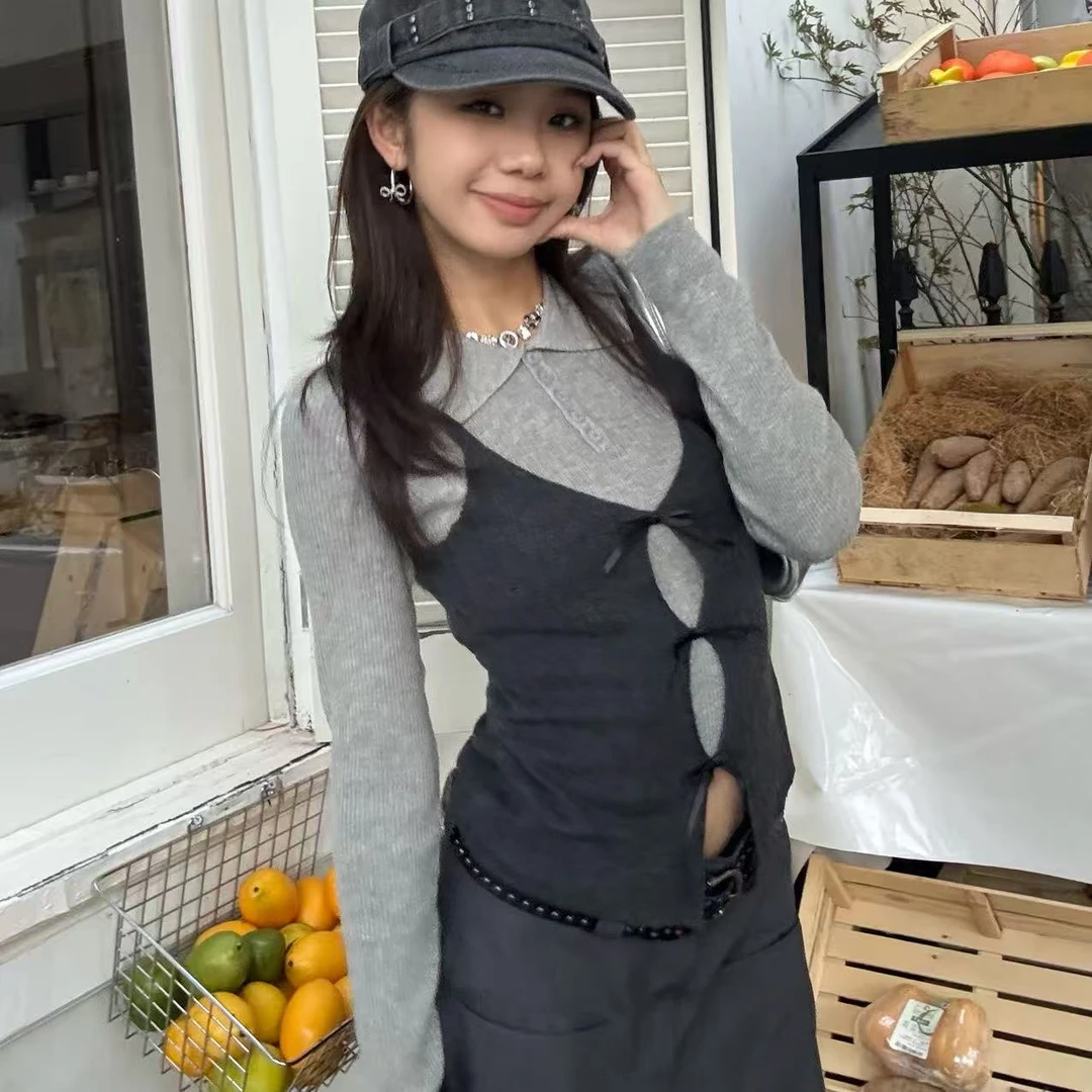 【羊毛蝴蝶结小衫】虎皮卷早秋灰色假两件针织长袖#S25831