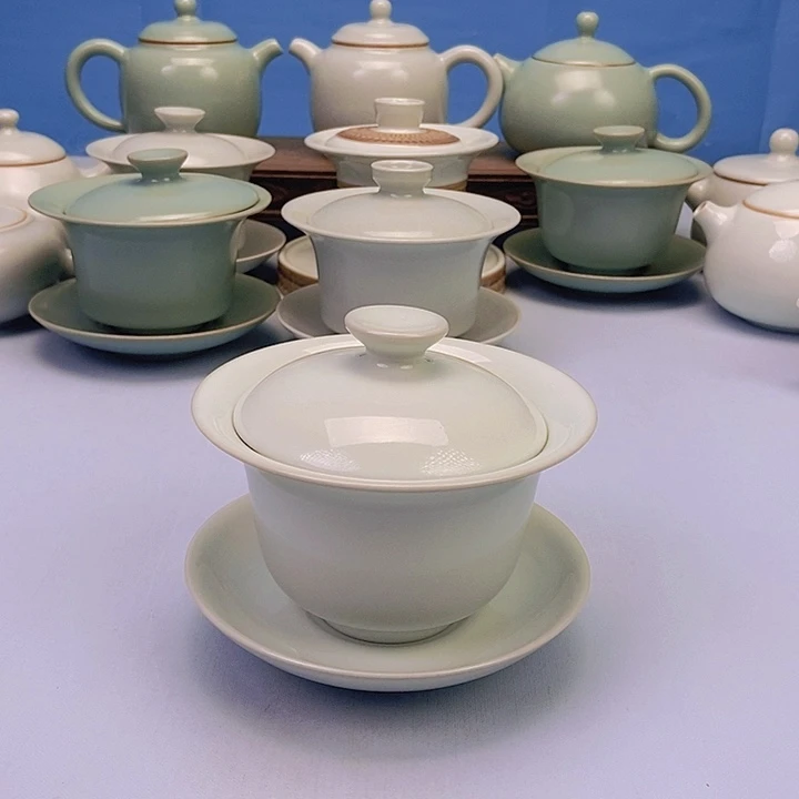 碗月白三财元宝盖碗原矿原釉原产地