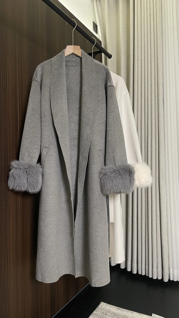 老钱风毛呢外套冬季网红毛毛大袖纯色女士长款绑带大衣