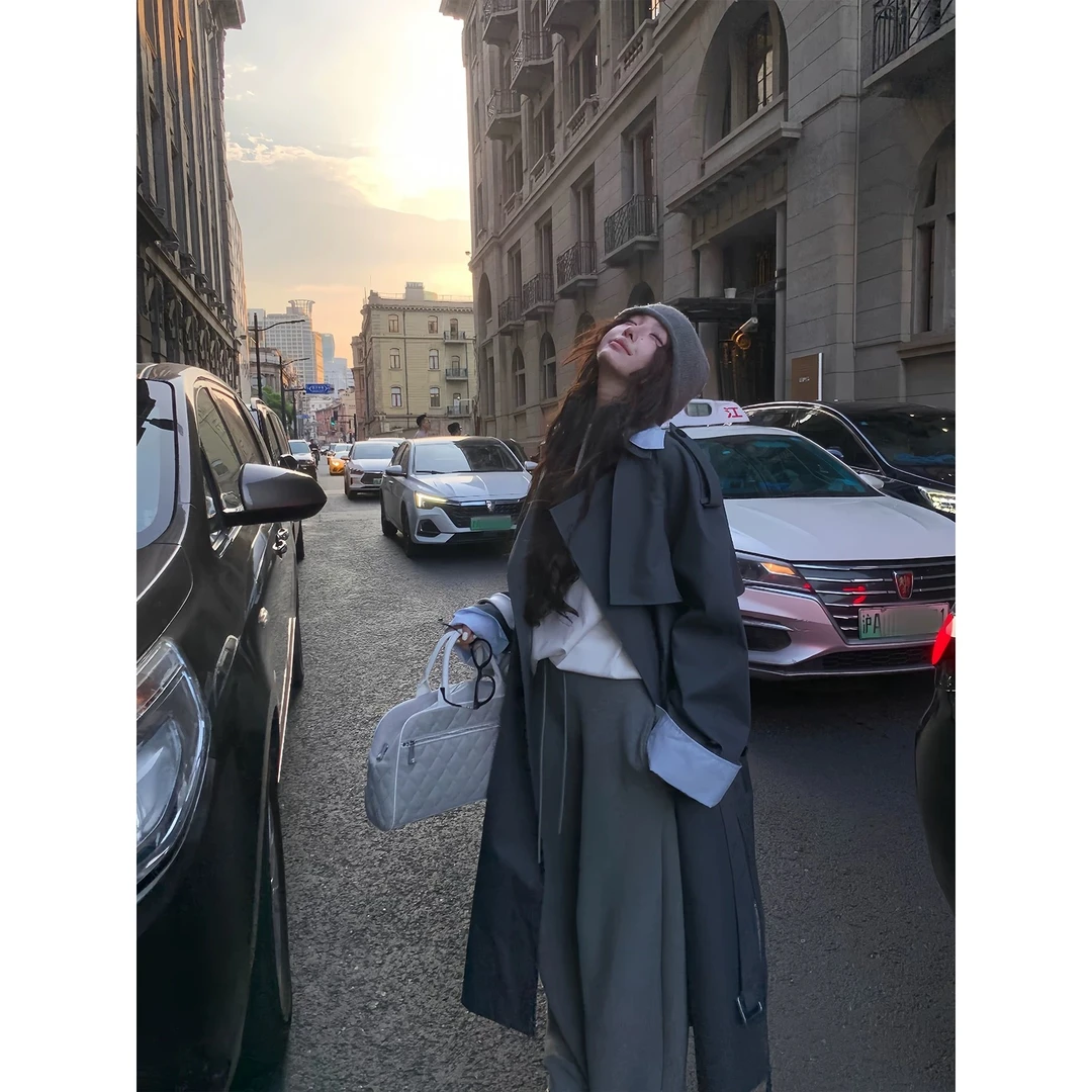 高级感灰色风衣外套女2025春季新款中长款假两件撞色拼接宽松大衣
