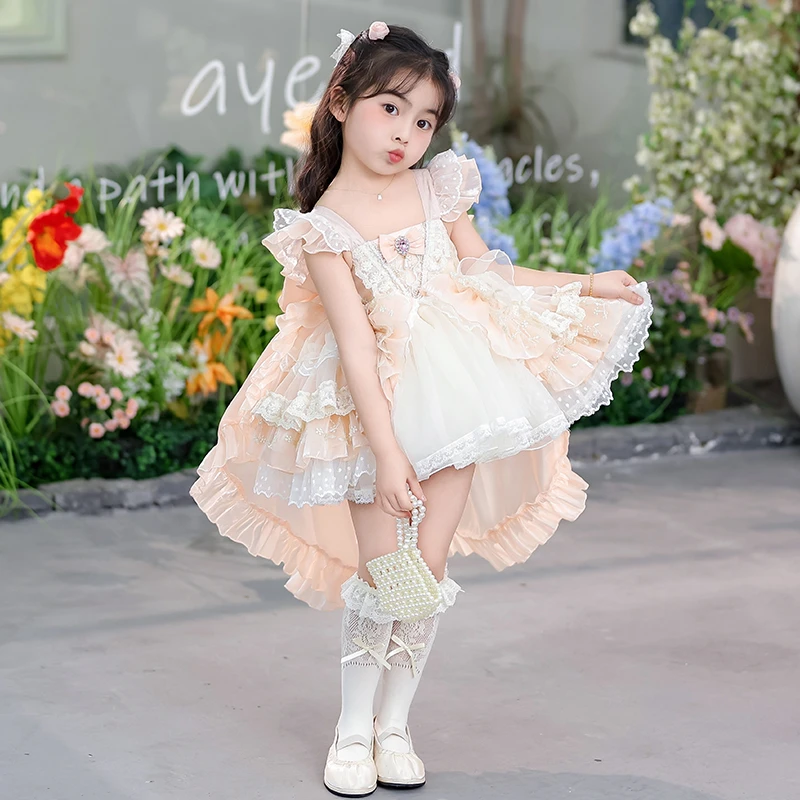女童甜美芭蕾洛丽塔连衣裙2025夏季新款儿童拖尾公主裙生日礼服裙