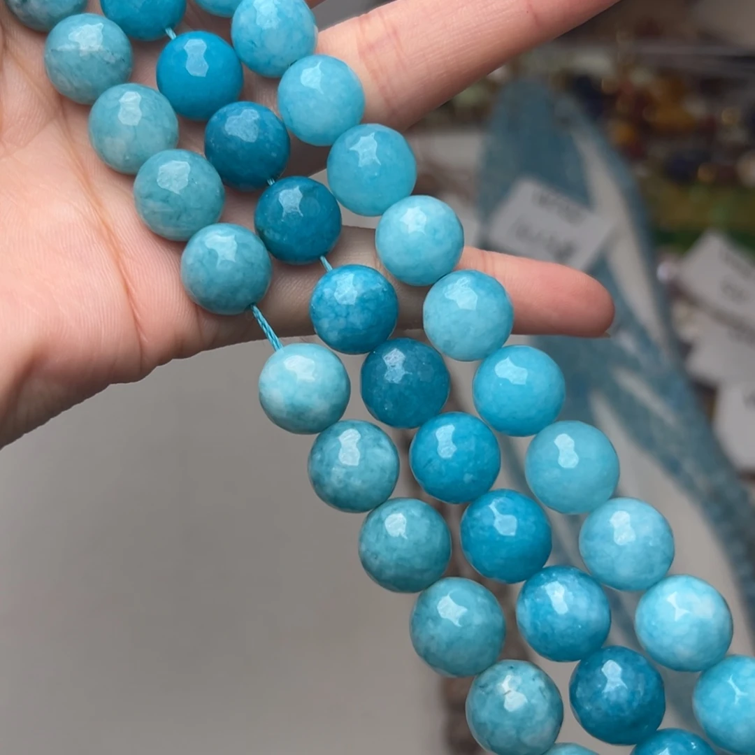 玛瑙/玉髓合金珠宝半成品W713。12mm海蓝玉刻面圆珠一条