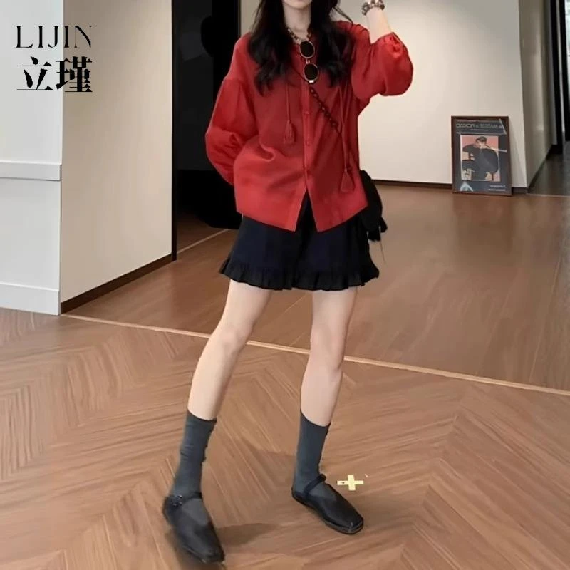 法式高级感红色长袖衬衫大码夏季流苏系带宽松显瘦防晒上衣