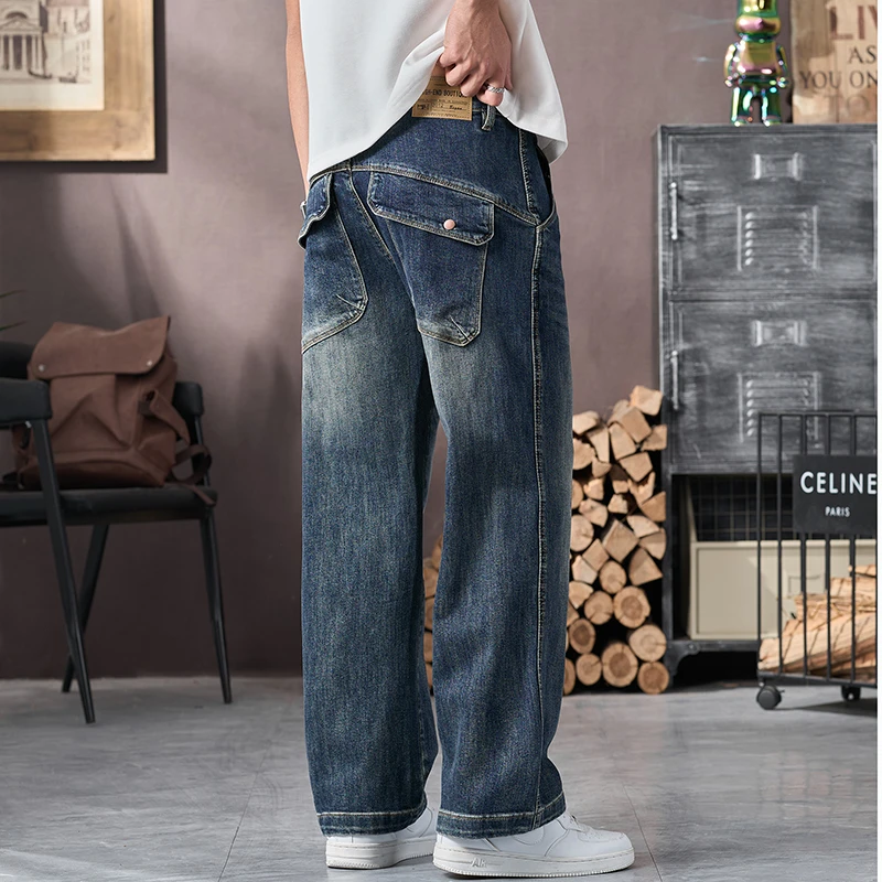复古工装牛仔裤男款春秋宽松直筒休闲长裤男美式高街阔腿男士裤子