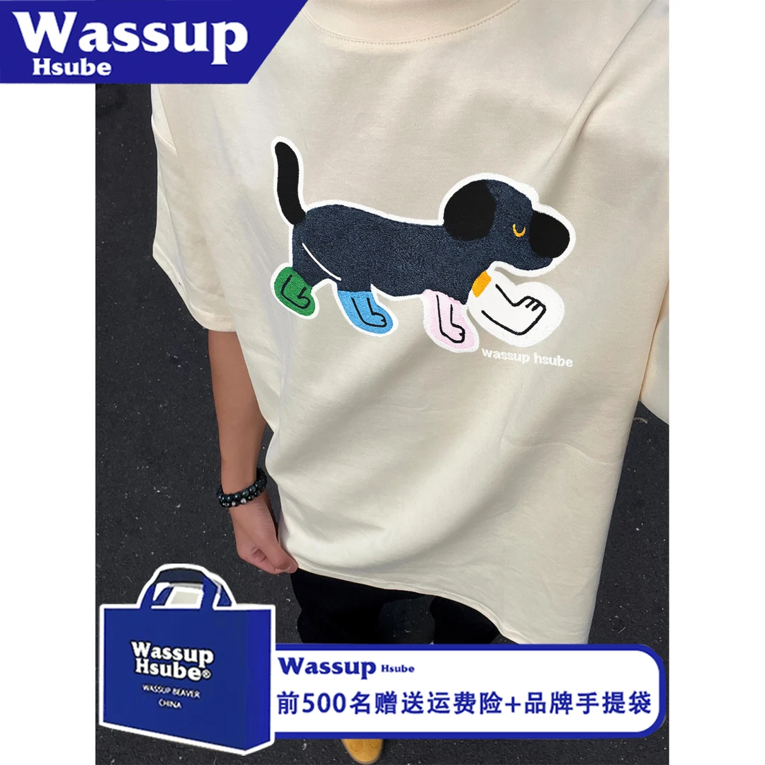 WASSUP HSUBE美式印花短袖男女字母宽松纯棉小狗休闲夏季半袖上衣