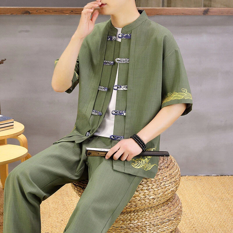 夏季新款男装国风短袖衬衫长裤套装中青年时尚复古盘扣唐装两件套