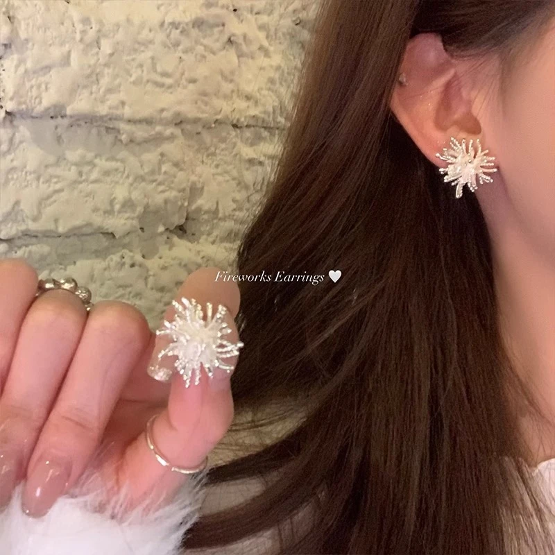铜合金耳饰 银色烟花耳钉春夏轻奢高级感耳饰女2025新款爆款耳环