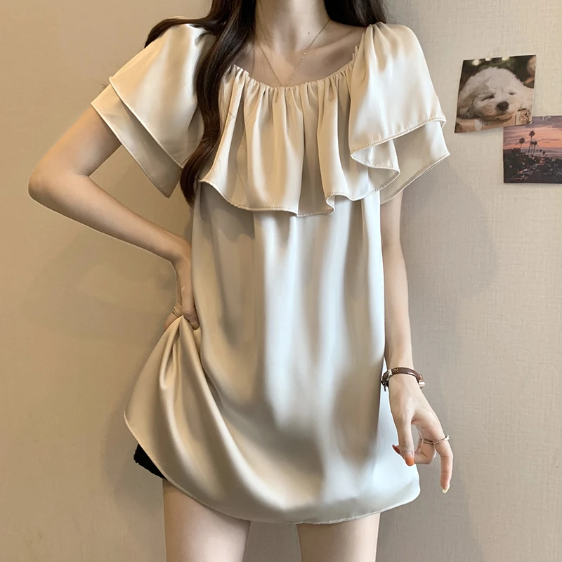 微胖妹妹大码法式气质一字肩荷叶边衬衫女夏季高级感遮肚短袖上衣