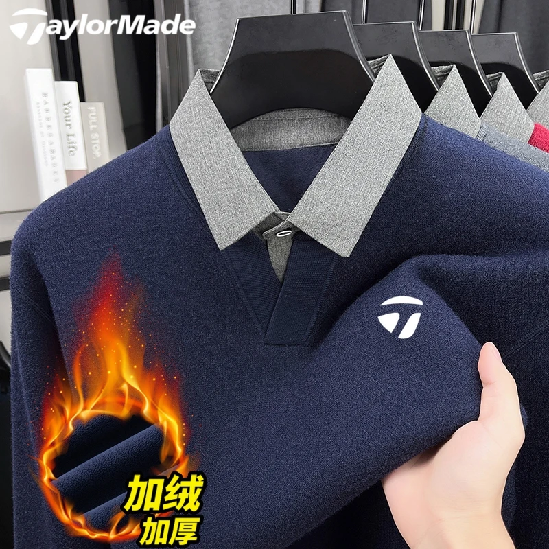 Taylormade泰勒梅球服秋冬季男装羊毛衫翻领假两件保暖高尔夫上衣