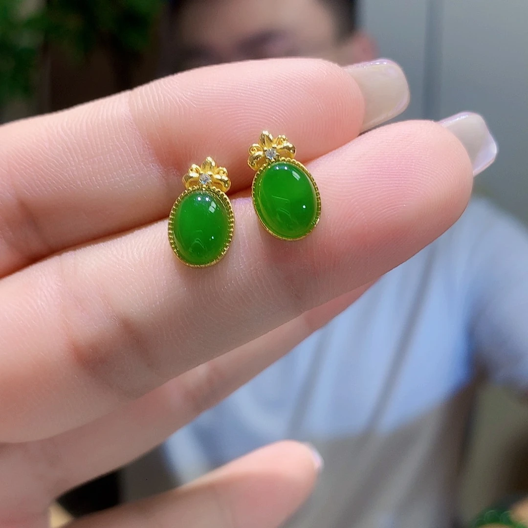 和田玉（碧玉）银S925镀金镶嵌耳饰