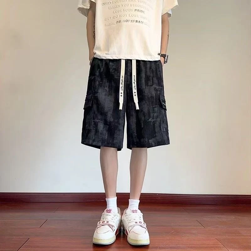 男夏季新款潮牌休闲中裤百搭宽松直筒沙滩五分裤美式扎染工装短裤