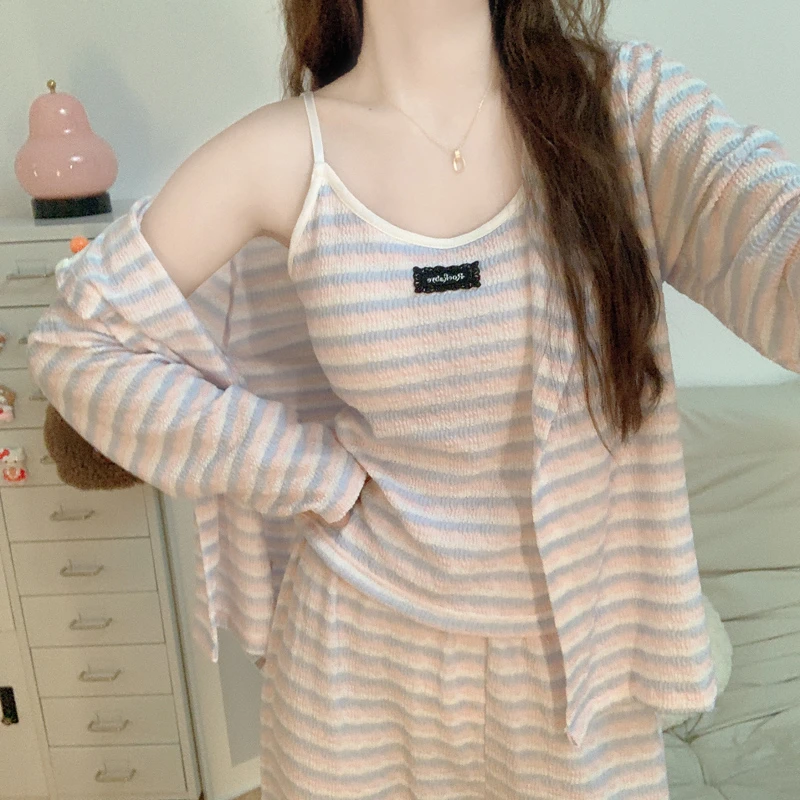 【带胸垫】韩系慵懒风长袖睡衣女款春秋季亲肤棉吊带三件套装家居服