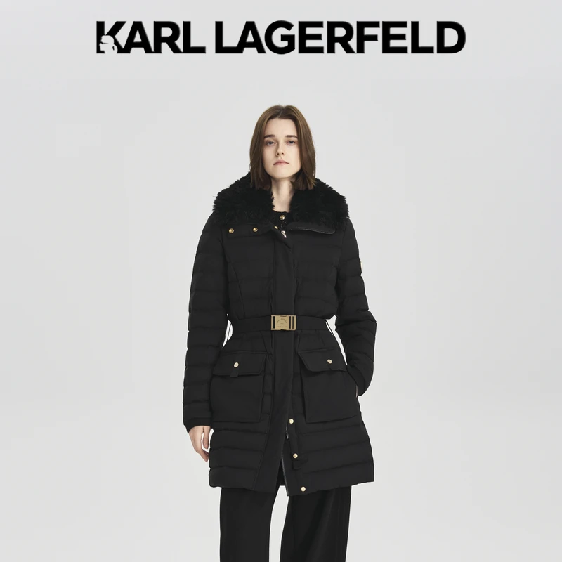 【婷婷专属】KARLLAGERFELD横条毛领腰带中长款羽绒服M27E4011