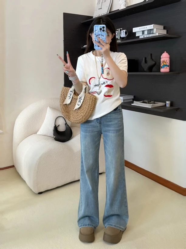 夏季不贴腿微喇裤高弹力女牛仔裤小个子百搭设计感裤子小众