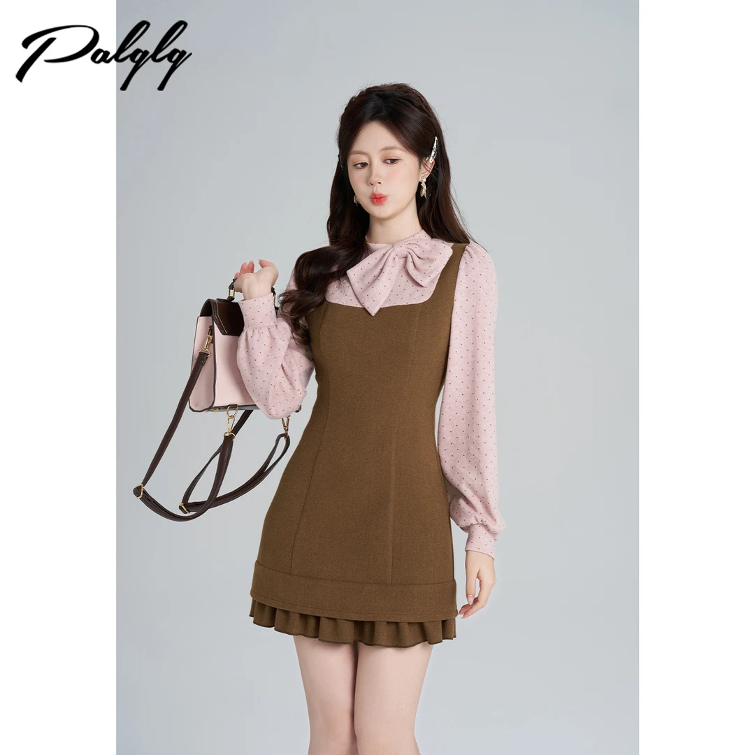 Palglg高级感法式拼接假两件咖色冬小香风甜美荷叶边裙54PDA44671