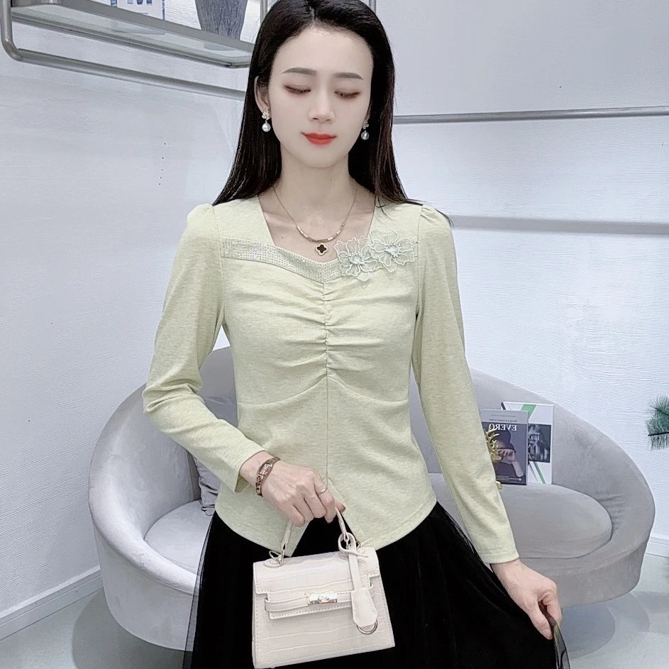 A7977春季新款不规则修身褶皱百搭洋气时尚气质T恤上衣