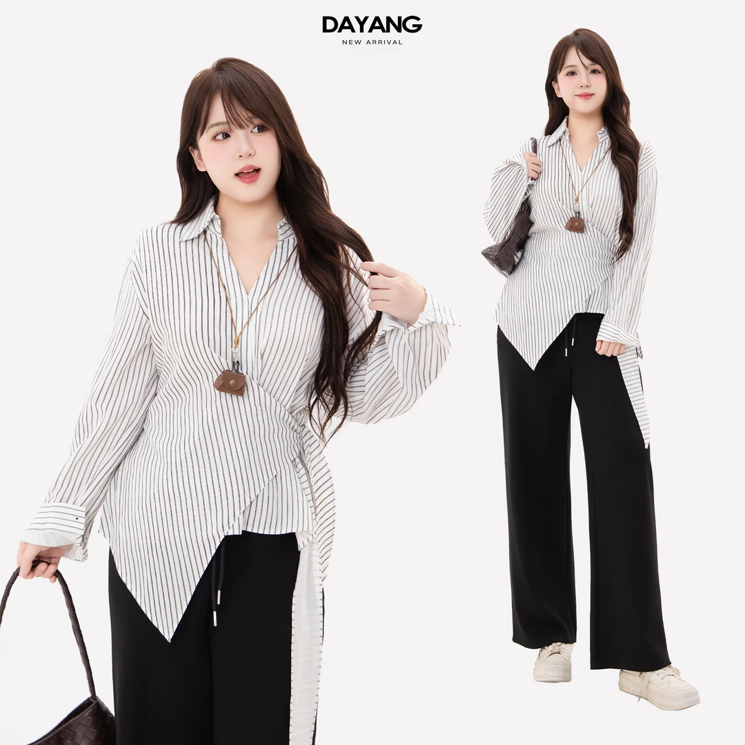 120斤的大杨 胖mm设计感显瘦上衣女秋不规则系带条纹衬衫20153