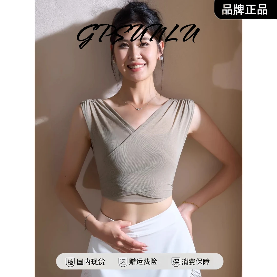 gpsunlu假两件性感网纱普拉提瑜伽背心固定胸垫健身内衣运动上衣