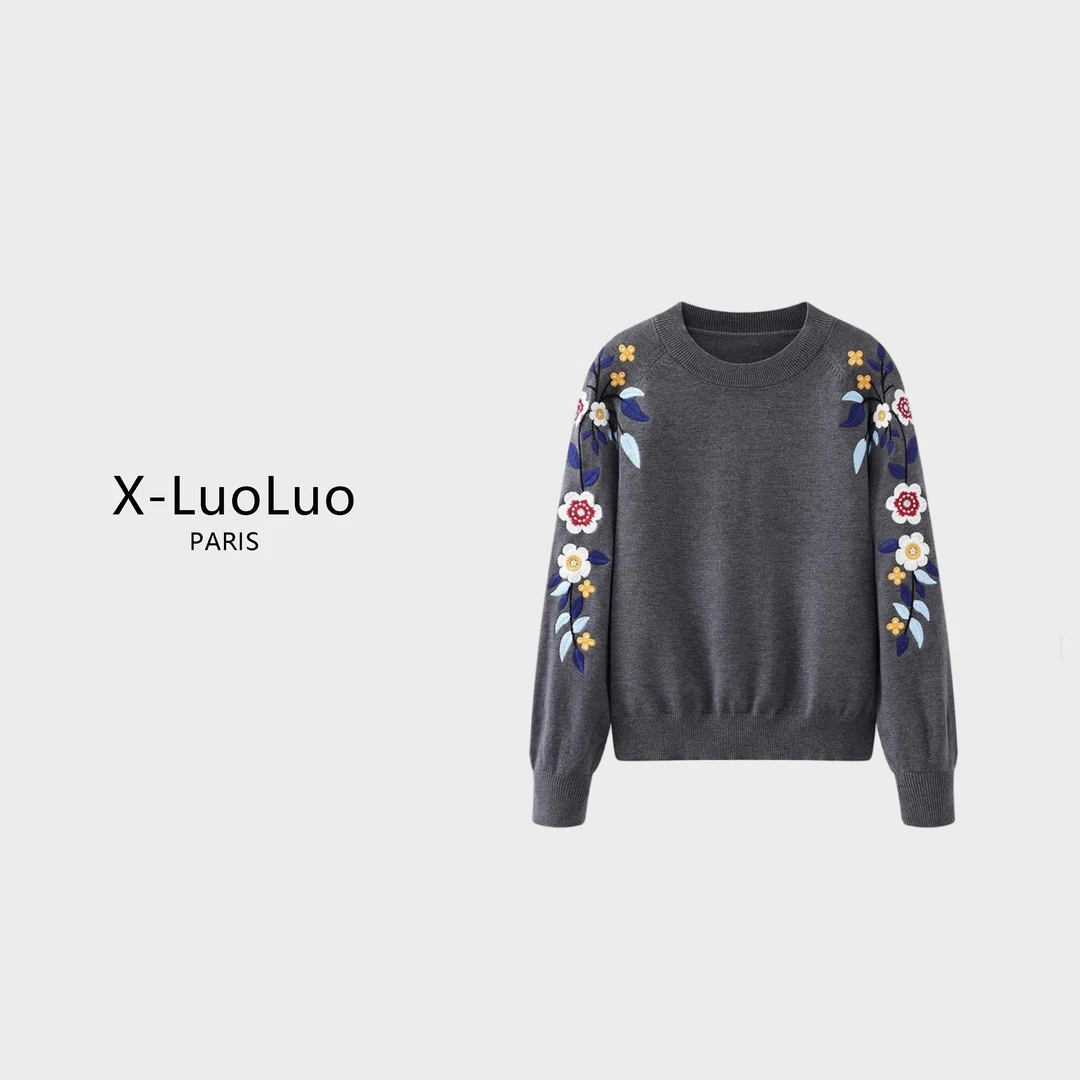 【X-LuoLuo洛洛】重工肩膀花朵刺绣针织衫冬圆领套头宽松高级感毛衣