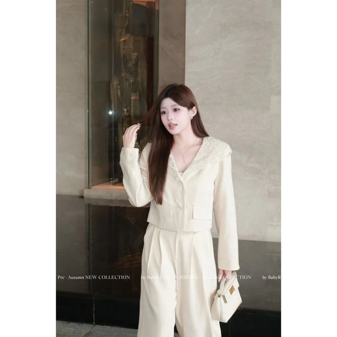 【清冷雾光】温与柔蕾丝连帽拼接西装套装小香风韩系气质外套长裤