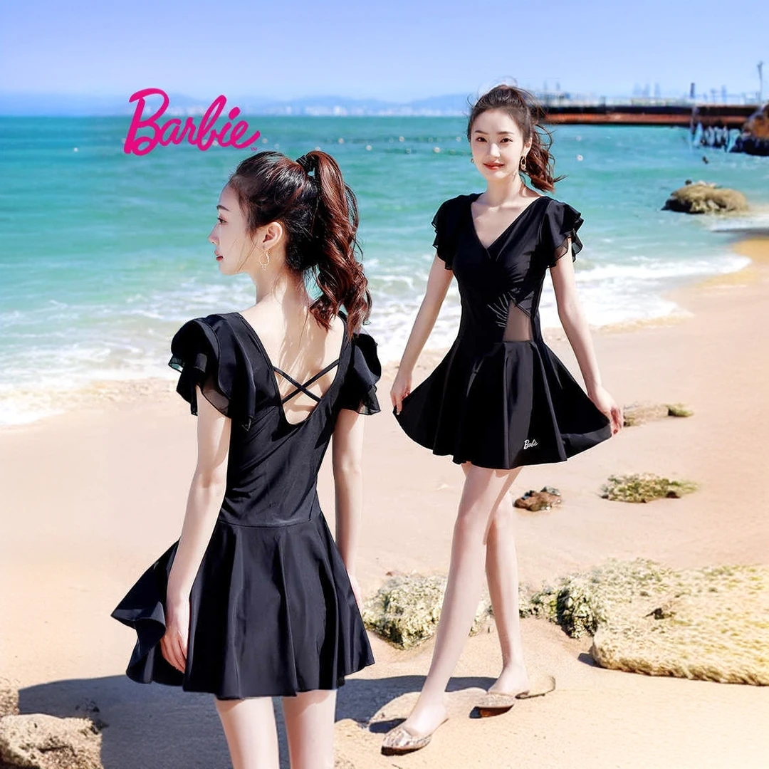 芭比黑游泳衣女2025新款裙式仙女范微胖女孩大码度假泳装遮肉