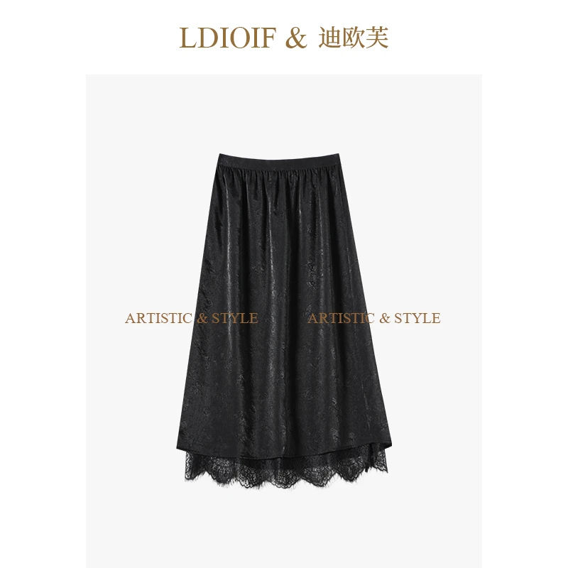 迪欧芙2025年夏季新款黑色蕾丝优雅轻奢女中长半身裙#XDQ18303