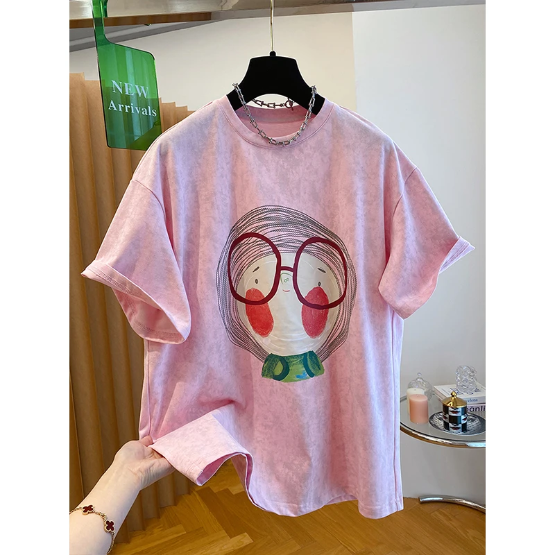 韩系卡通印花显瘦t恤女短袖2025新款宽松减龄大版修身打底衫上衣